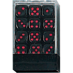 OPAQUE DICE D6 12MM 36PC BLACK/RED IN CLEAR BOX