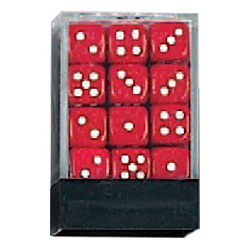 KP05117-OPAQUE DICE D6 12MM 36PC RED/WHITE IN CLEAR BOX